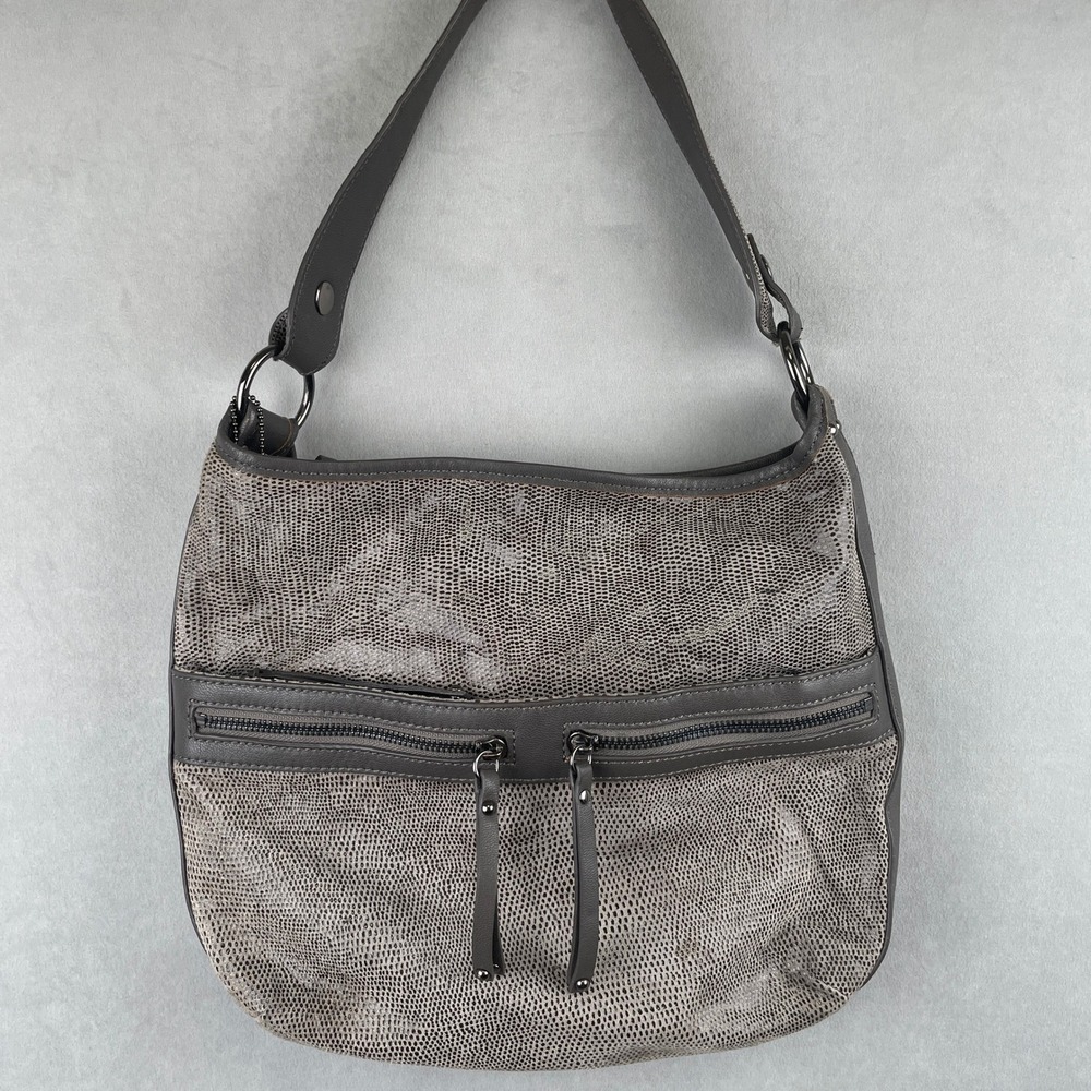 Chez Gray Reptile Embossed Luxury Leather Hobo‎ Shoulder Bag Gunmetal Hardware
